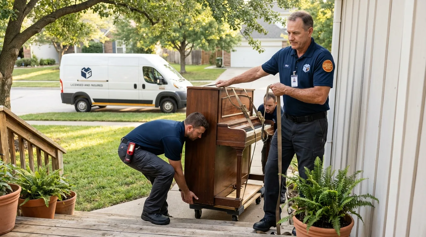 Licensed piano movers securing grand piano in Kinderhook, NY