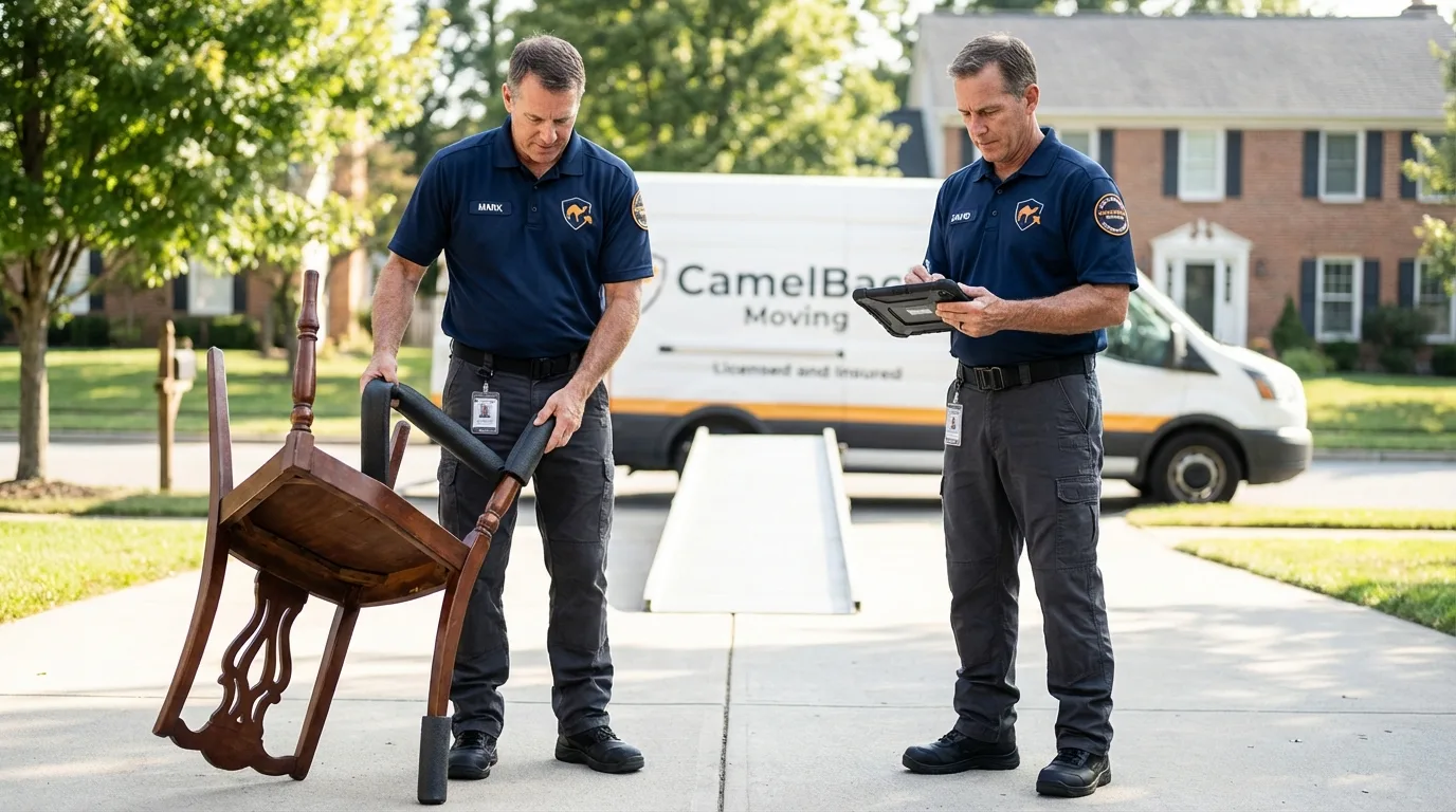 Movers inspecting furniture for damage prevention before loading in Kinderhook, NY